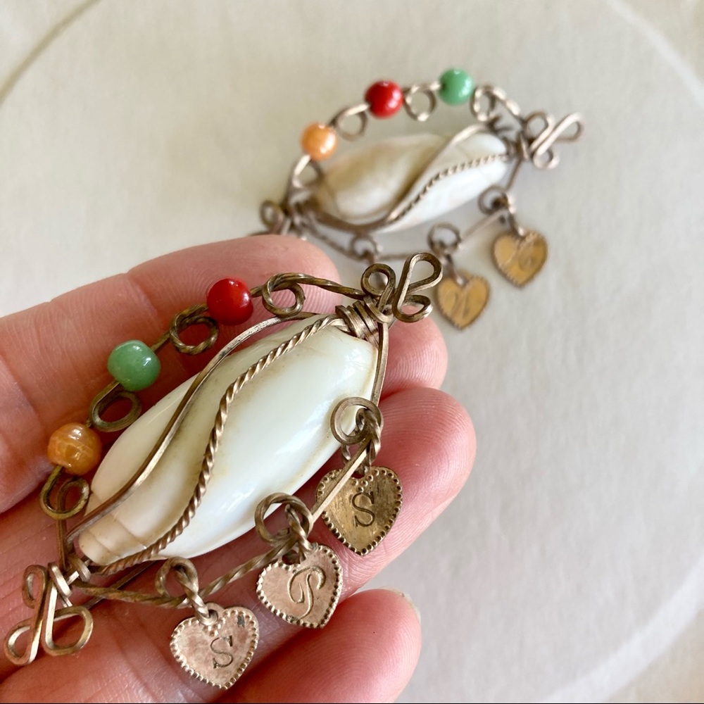 Vintage Wire Wrapped Shell Initials Brooch (Pair) Handmade Heirloom Jewelry - Picture 4 of 6